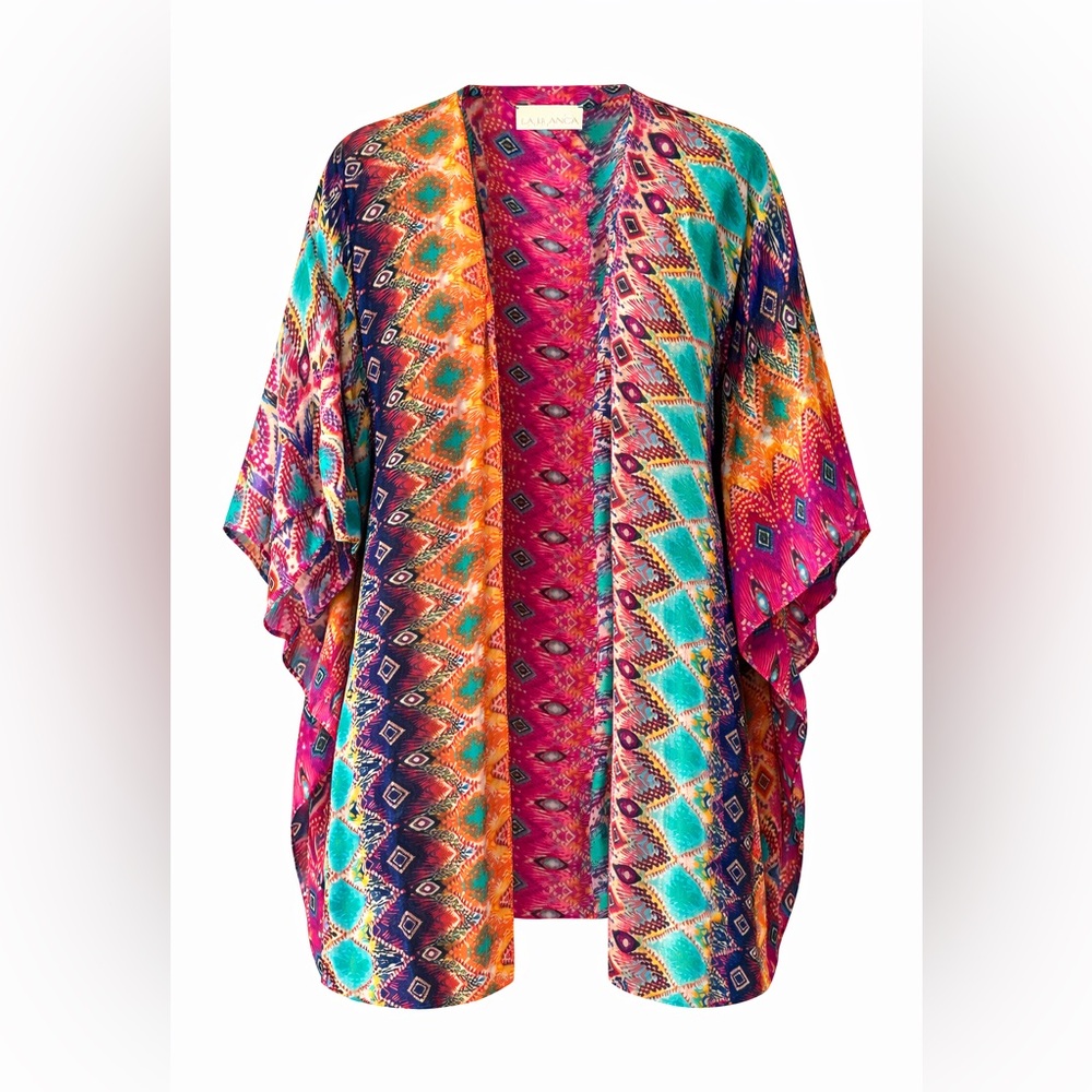 La Blanca Multicolor Geometric Kimono Beach Cover Up | Boho Resort Swim Layer
